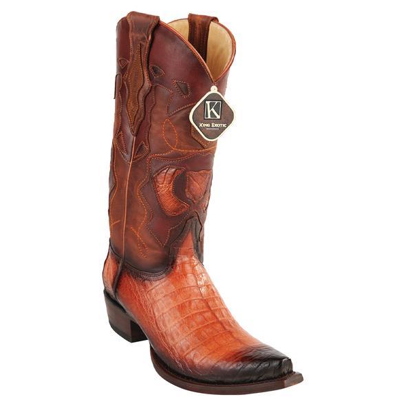 Men's King Exotic Snip Toe Caiman Belly Boots Handcrafted Burnished  Cognac (494RD8257)