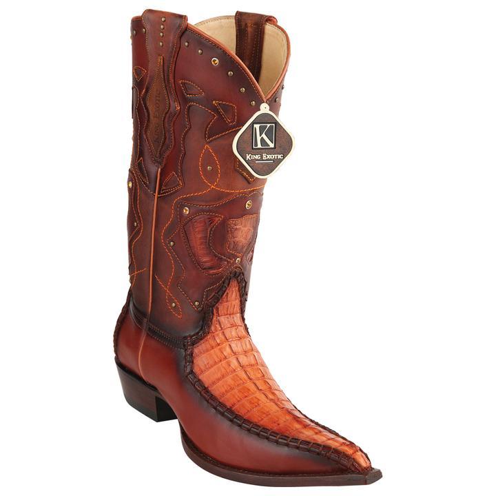 Men's King Exotic Boots Genuine Baby Caiman Tail 3x Toe Burnished Cognan (495v20103)