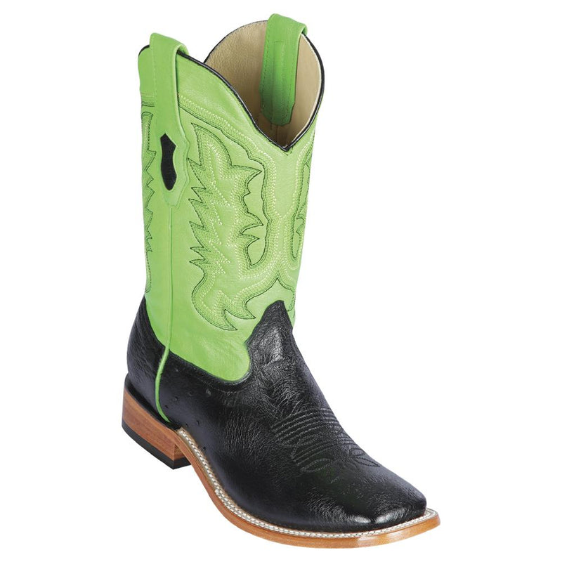 Los Altos Boots Mens #8279705V Wide Square Toe | Genuine Smooth Ostrich Leather Boots | Color Black and Green