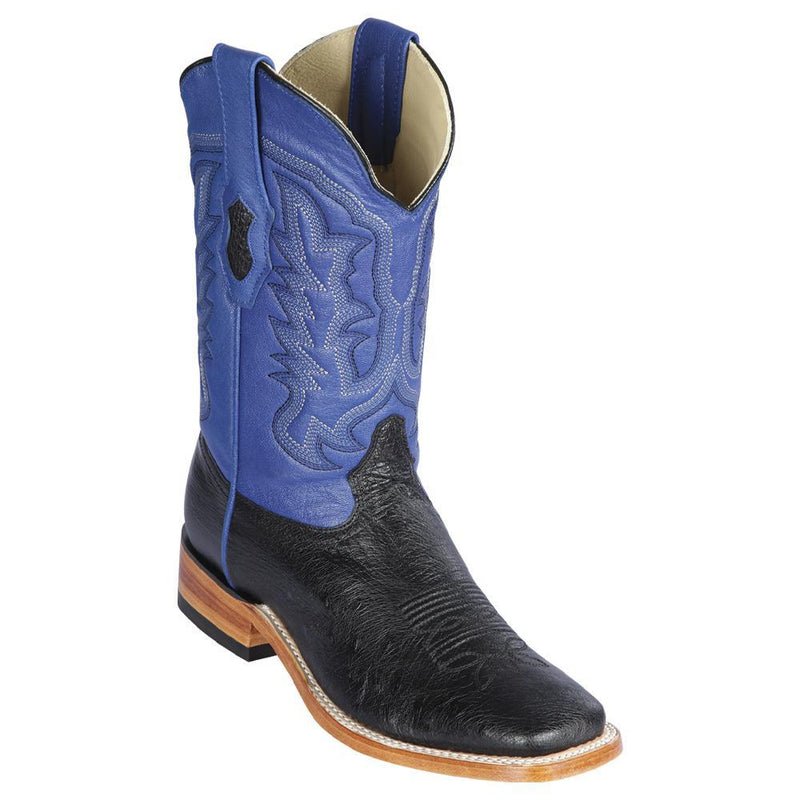 Los Altos Boots Mens #8279705A Wide Square Toe | Genuine Smooth Ostrich Leather Boots | Color Black and Blue