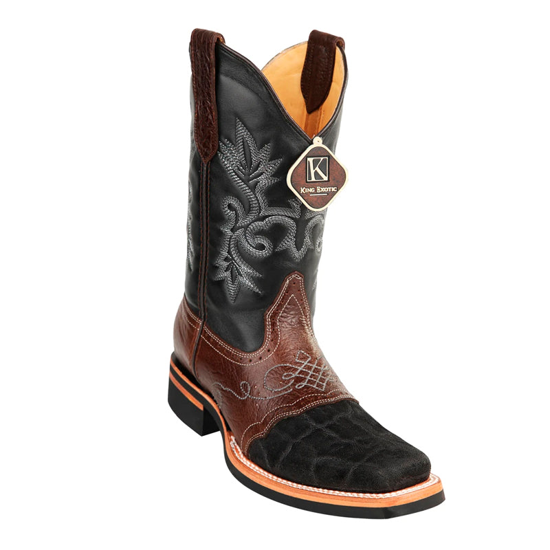 Men's King Exotic Elephant Skin Boots Rubber Sole & Saddle Square Toe Handcrafted Black (48167005)