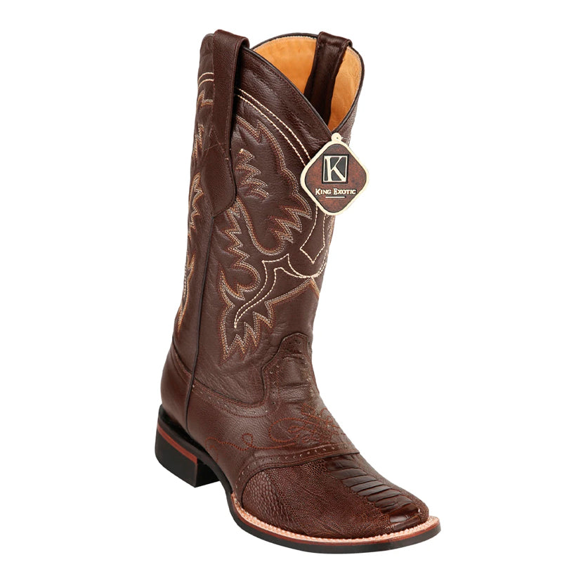 Men's King Exotic Ostrich Leg Boots With Rubber Sole & Saddle Square Toe Brown (48230507)