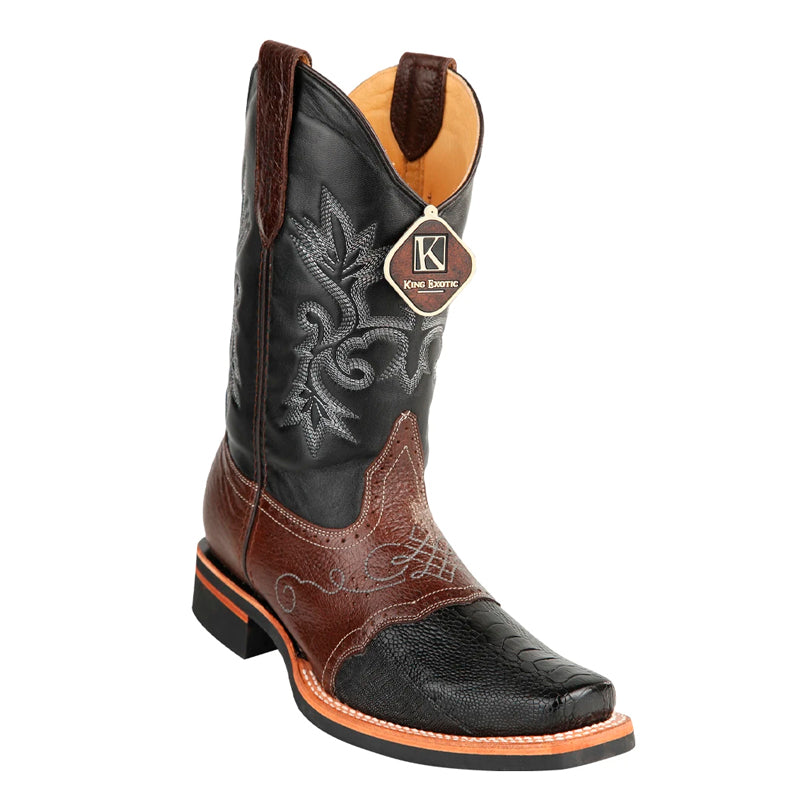 Men's King Exotic Ostrich Leg Boots With Rubber Sole & Saddle Square Toe Black (48160505)