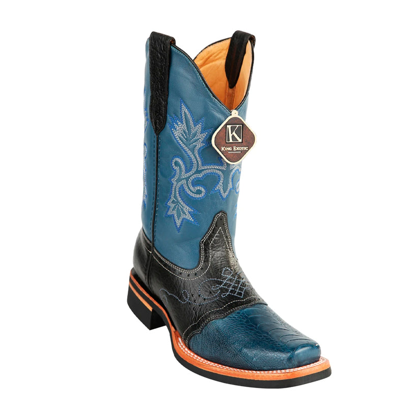 Men's King Exotic Ostrich Leg Boots With Rubber Sole & Saddle Square Toe Blue Jean  (48160514)