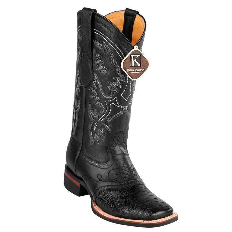 Men's King Exotic Ostrich Leg Boots With Rubber Sole & Saddle Square Toe Black (48230505)