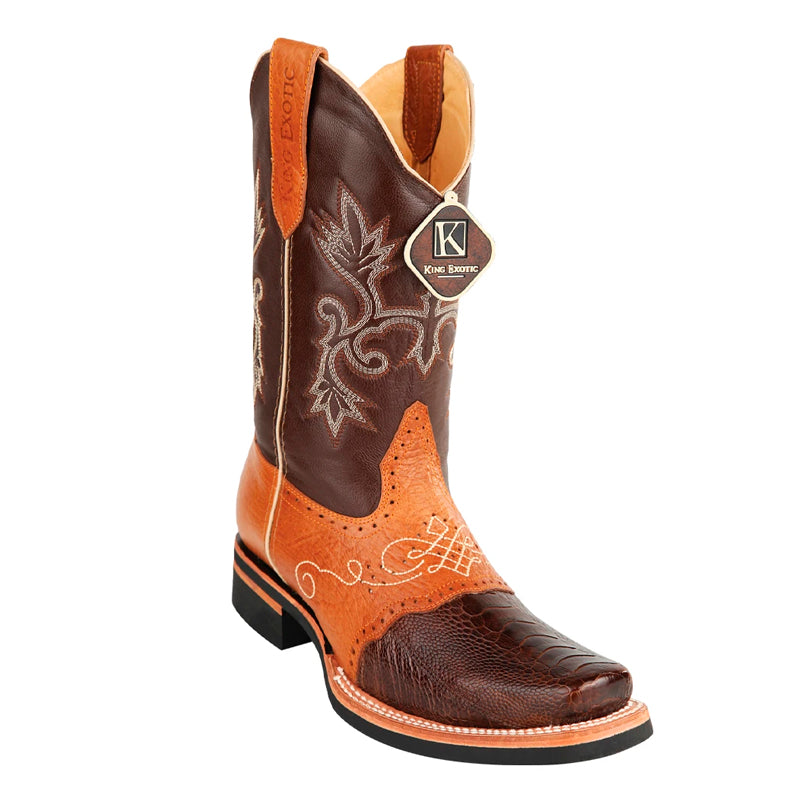 Men's King Exotic Ostrich Leg Boots With Rubber Sole & Saddle Square Toe Brown (48160507)