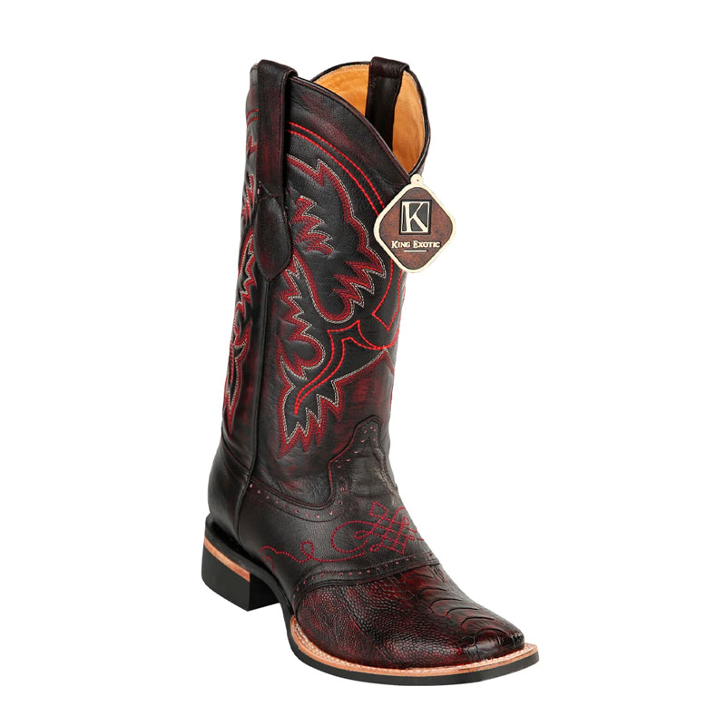 Men's King Exotic Ostrich Leg Boots With Rubber Sole & Saddle Square Toe Black Cherry (48230518)