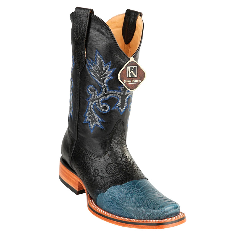 Men's King Exotic Ostrich Leg Square Toe Boots With Saddle Handmade Blue Jean (48170514)