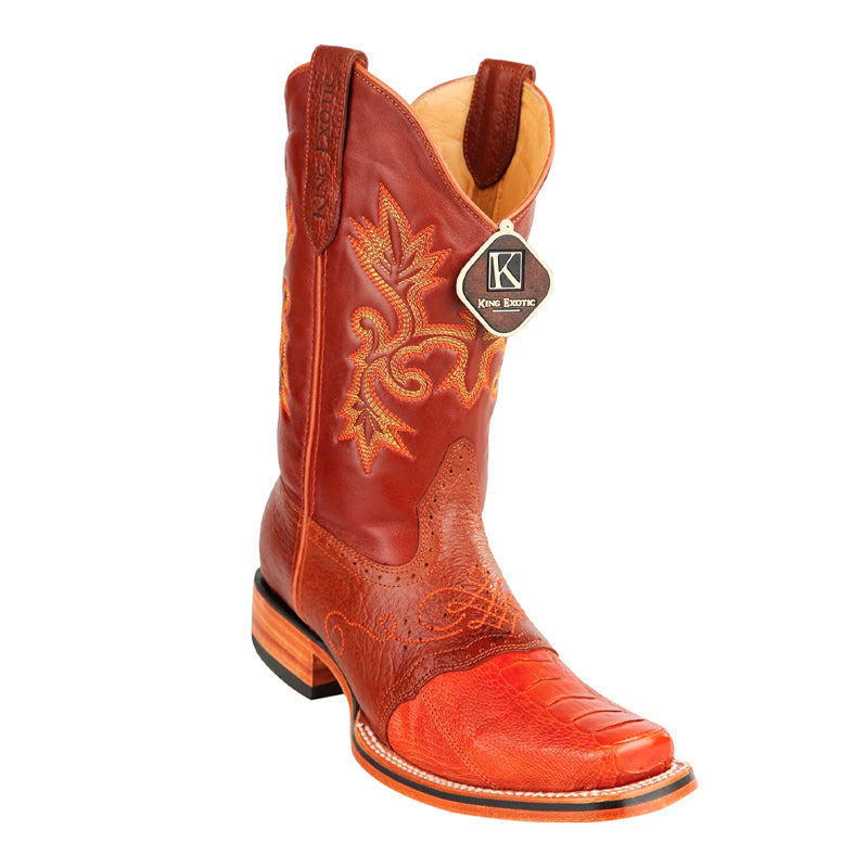 Men's King Exotic Ostrich Leg Square Toe Boots With Saddle Handmade Cognac (48170503)