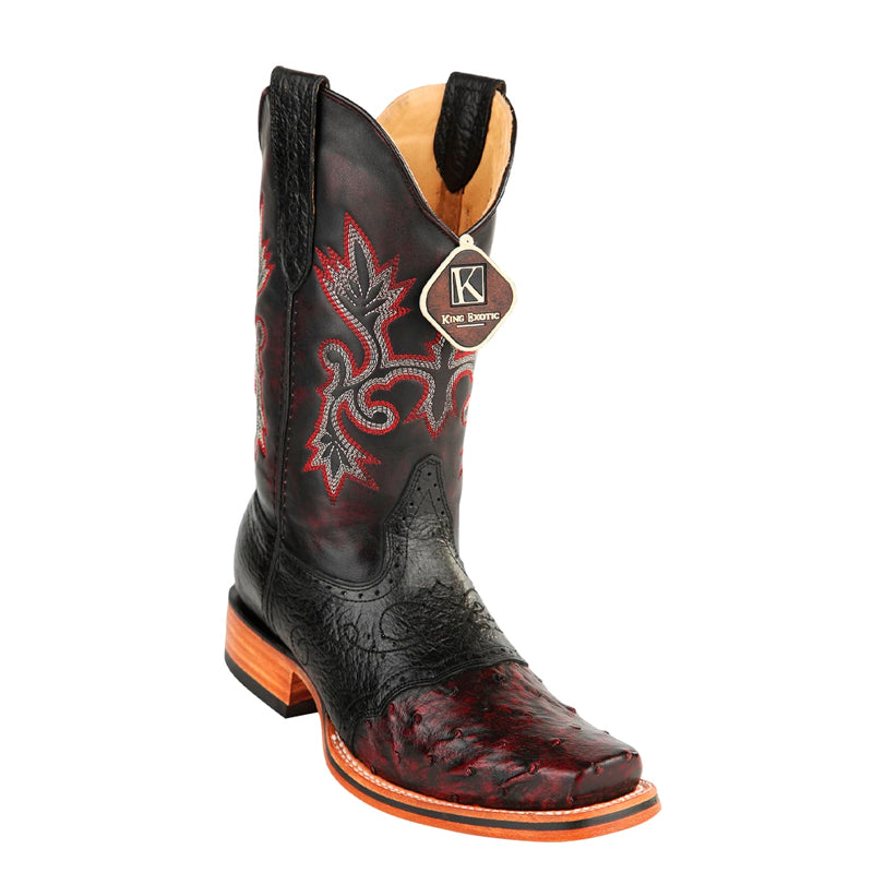Men's King Exotic Ostrich Square Toe Boots With Saddle Handmade Black Cherry (48170318)