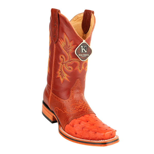 Men's King Exotic Square Toe Ostrich Boots Rubber Sole & Saddle Cognac (48230303)