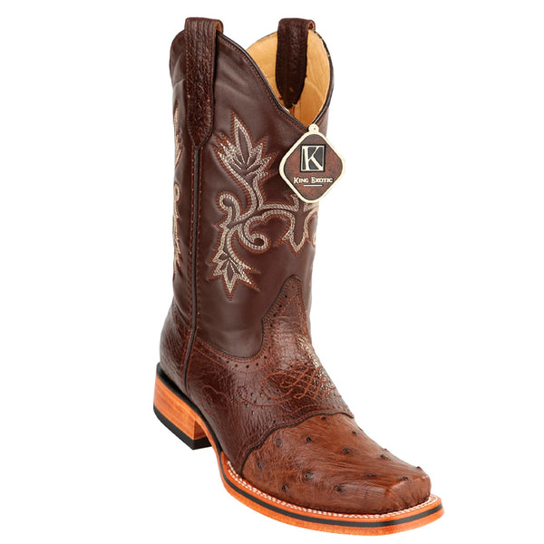 Men's King Exotic Ostrich Square Toe Boots With Saddle Handmade Brown (48170307)