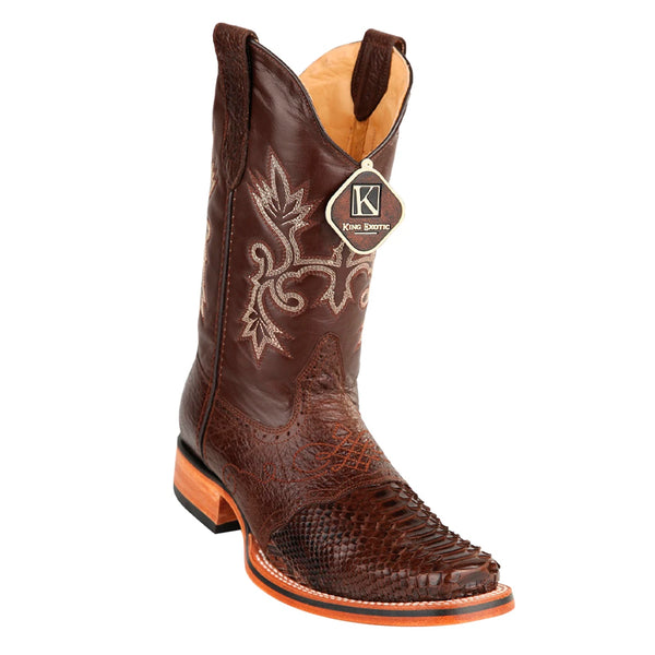 Men's King Exotic Python Boots With Saddle Vamp Handmade Square Toe Brown (48175707)