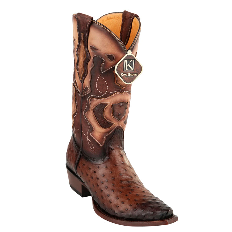 Men's King Exotic Snip Toe Full Quill Ostrich Boots Handmade Burnished Brown (494RD0316-)