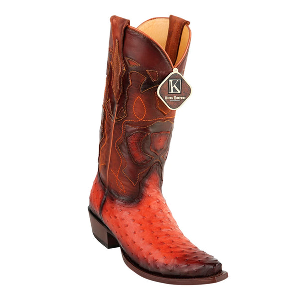 Men's King Exotic Snip Toe Full Quill Ostrich Boots Handmade Burnished Cognac (494RD0357)