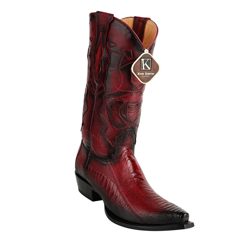 Men's King Exotic Snip Toe Ostrich Leg Boots Handcrafted Burnished Burgundy (494RD0543)