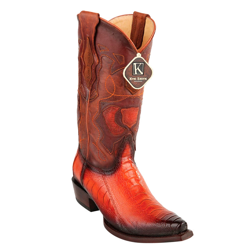 Men's King Exotic Snip Toe Ostrich Leg Boots Handcrafted Burnished Cognac (494RD0557)