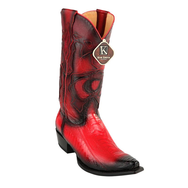 Men's King Exotic Snip Toe Ostrich Leg Boots Handcrafted Burnished Red (494RD0529)