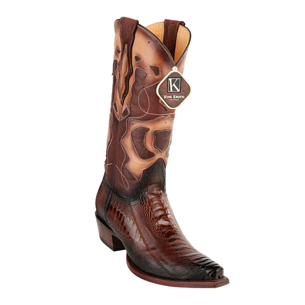 Men's King Exotic Snip Toe Ostrich Leg Boots Handcrafted Burnished Brown (494RD0516)
