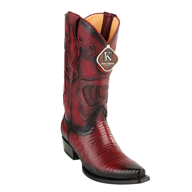 Men's King Exotic Snip Toe Teju Lizard Boots Handcrafted Burnished Burgundy (494RD0743)