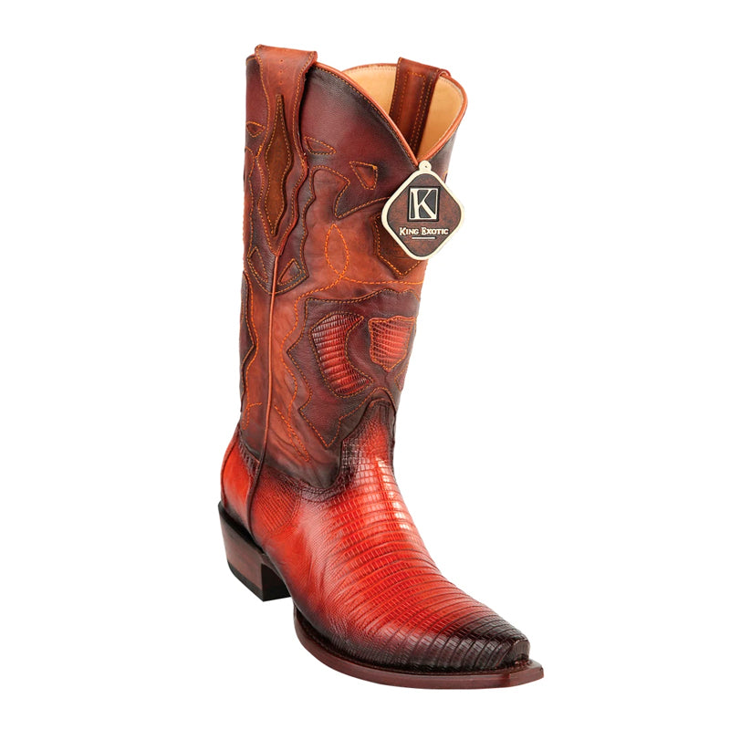 Men's King Exotic Snip Toe Teju Lizard Boots Handcrafted Burnished Cognac (494RD0757)