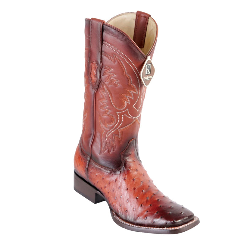 Men's King Exotic Square Toe Full Quill Ostrich Boots Handmade Burnished Cognac (48220357)