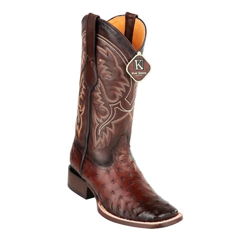 Men's King Exotic Square Toe Full Quill Ostrich Boots Handmade Burnished Brown (48220316)