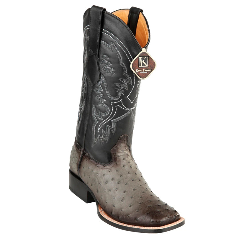 Men's King Exotic Square Toe Full Quill Ostrich Boots Handmade Burnished Gray (48220338)