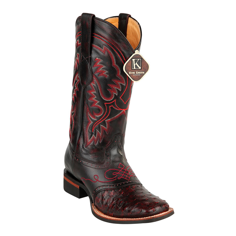 Men's King Exotic Square Toe Ostrich Boots Rubber Sole & Saddle Black Cherry (48230318)