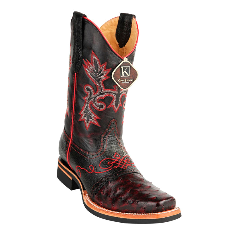 Men's King Exotic Square Toe Ostrich Boots Rubber Sole & Saddle Black Cherry (48160318)