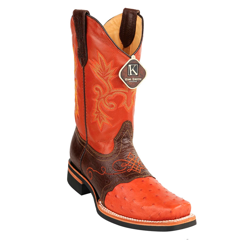 Men's King Exotic Square Toe Ostrich Boots Rubber Sole & Saddle Cognac (48160303)