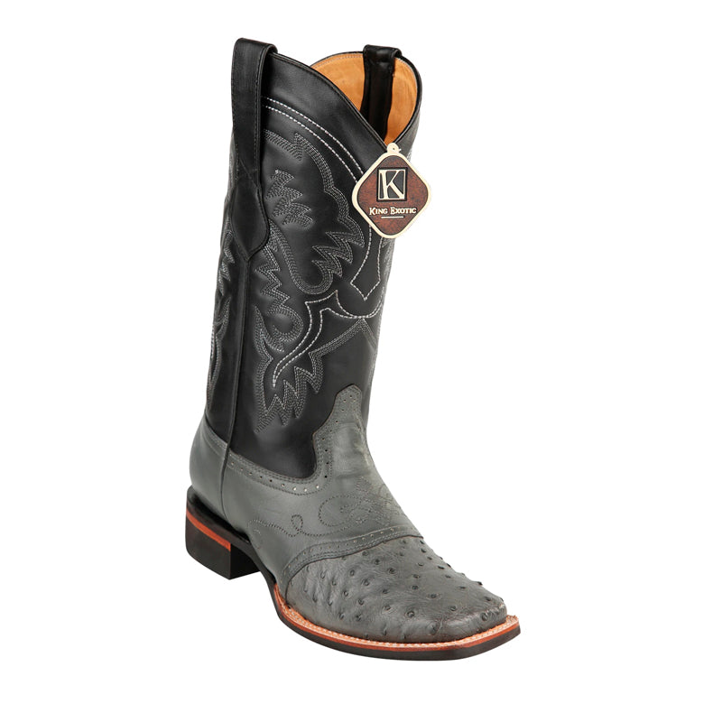 Men's King Exotic Square Toe Ostrich Boots Rubber Sole & Saddle Gray (48230309)