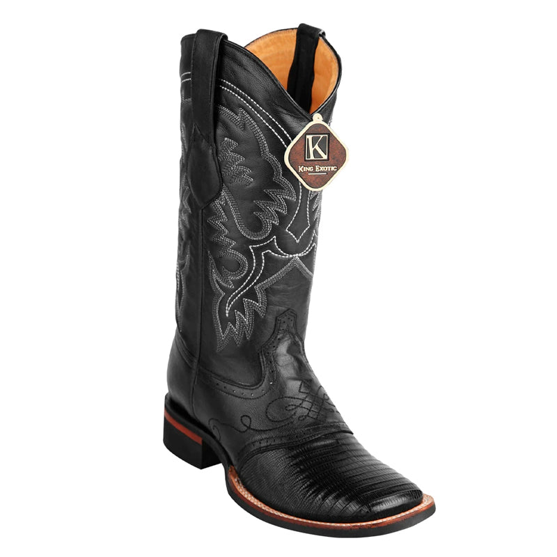 Men's King Exotic Teju Lizard Square Toe Boots With Saddle Handmade Black (48230705)