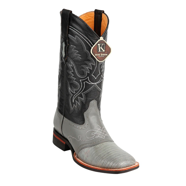 Men's King Exotic Teju Lizard Square Toe Boots With Saddle Handmade Gray (48230709)