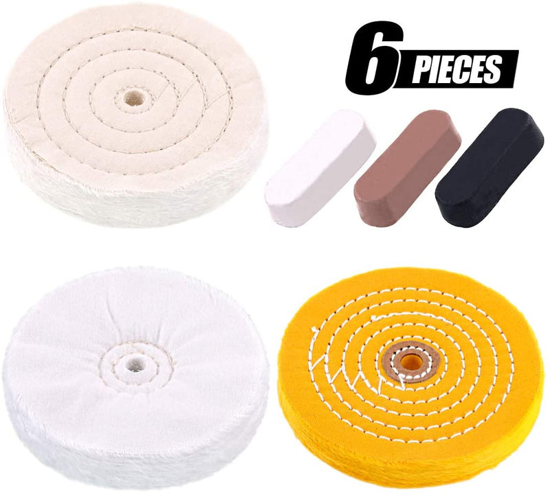 Swpeet 6Pcs 6 Inch Professional Buffing Polishing Wheels with 3 Colors Polishing Compounds Kit Including Cotton 60 Ply Yellow 42 Ply and Flannel 30 Ply with 1.2 Arbor Wheel for Bench Grindes