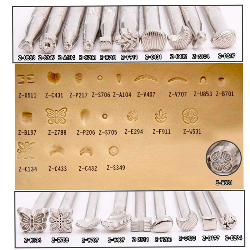 Techson 20PCS Leather Stamping Tools, Different Shape Saddle Making Stamp Punch Set, Manual Carved Embossing Hammer Kit