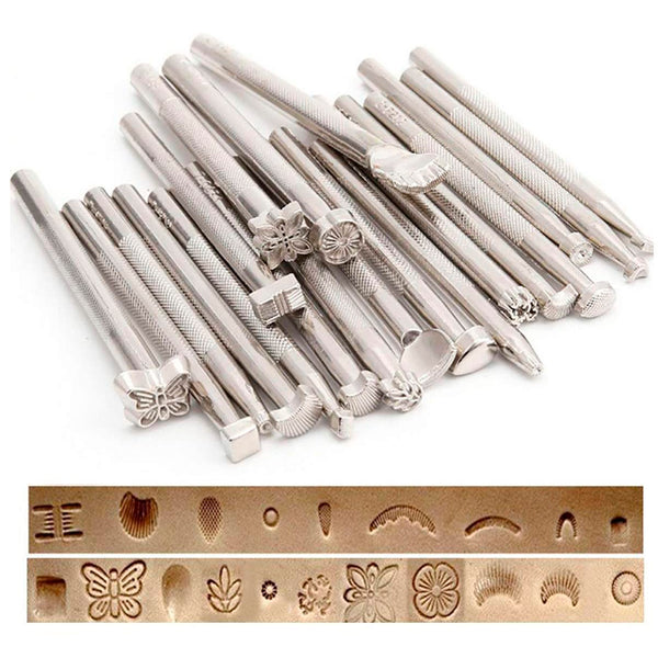 Techson 20PCS Leather Stamping Tools, Different Shape Saddle Making Stamp Punch Set, Manual Carved Embossing Hammer Kit