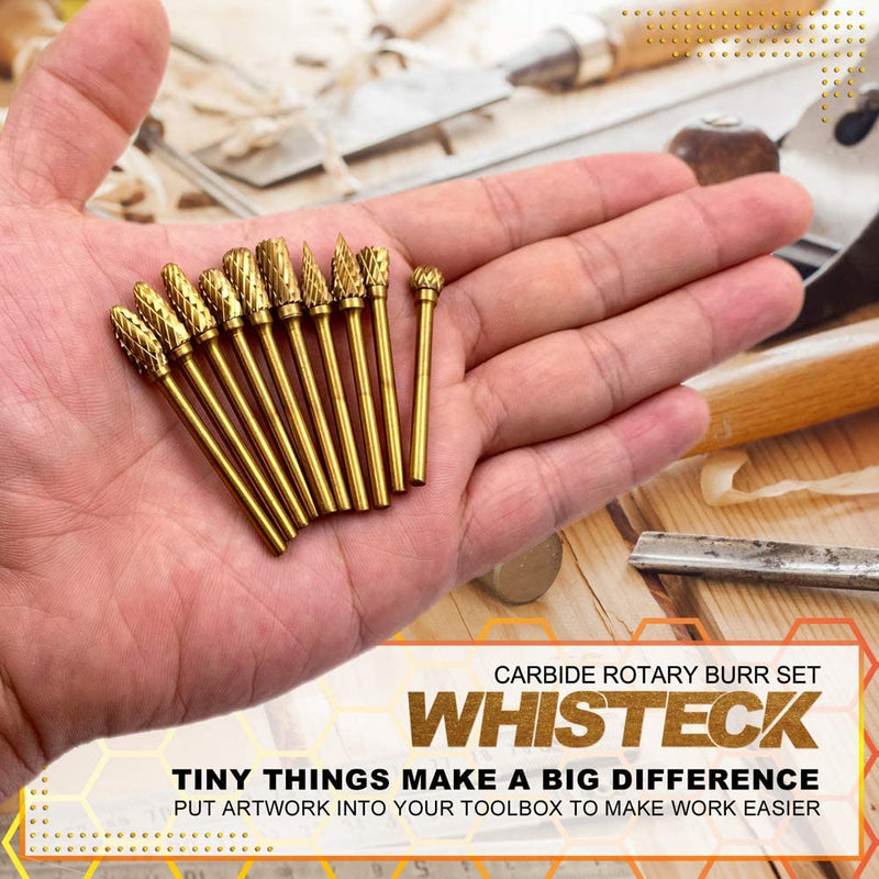 WHISTECK Titanium Carbide Rotary Burr Set 10pcs Double Cut Tungsten Steel Die Grinder Bits 3mm 1.8 shank and 6mm 1.4 Head Size for Woodworking Drilling Metal Craving Engraving Polishing