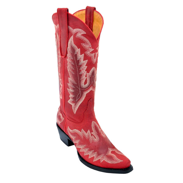 Women's Los Altos Snip Toe Leather Boots With Hand Embroidery | Color Red (345012)