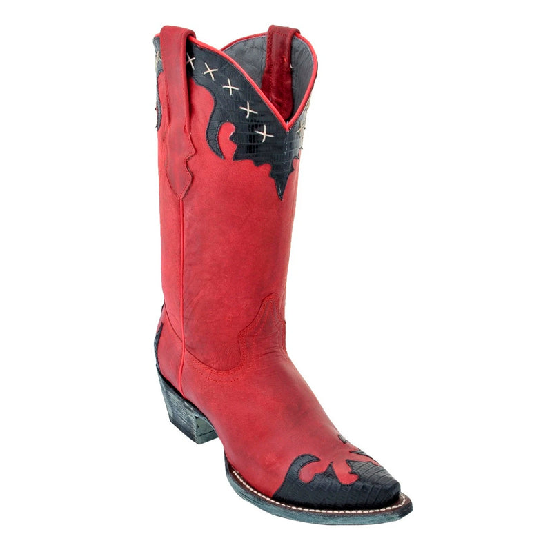 Women's Los Altos Snip Toe Teju & Desert Leather Boots Handmade | Color Black & Red  (34p0705)