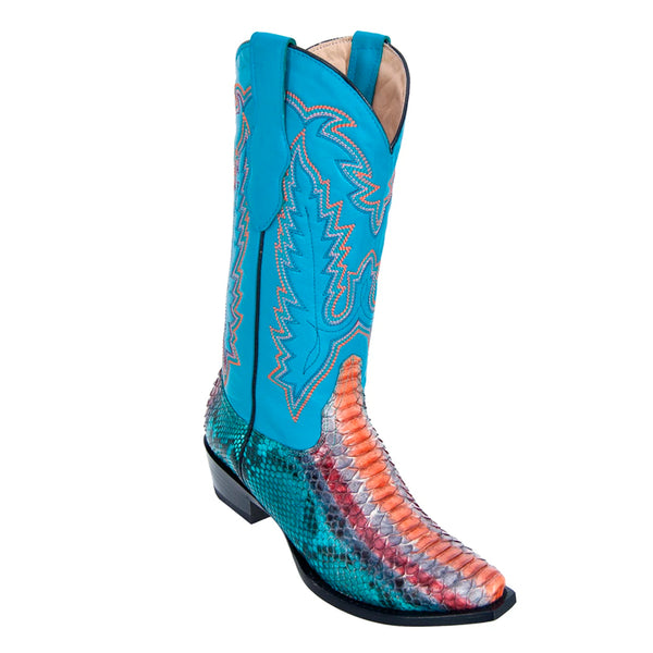 Womens Los Altos Snip Toe Python Boots Handcrafted Multi Color | Color Multi Color With Turquoise Shaft (345731)