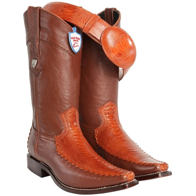 Wild West Boots #278t0503 Men's | Color Cognac | Men’s Wild West Ostrich Leg With Deer Square Toe Boots Handmade