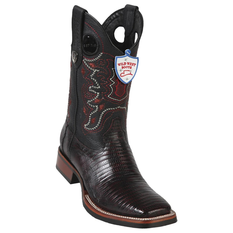 Wild West Boots #28250718 Men's | Color Black Cherry | Men's Wild West Teju Lizard Wide Square Toe Rubber Sole Boots